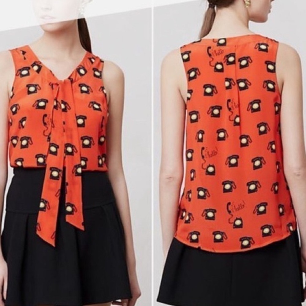 Anthropologie Maeve Orange and black Hello Telephone silk tie front silk shirt
